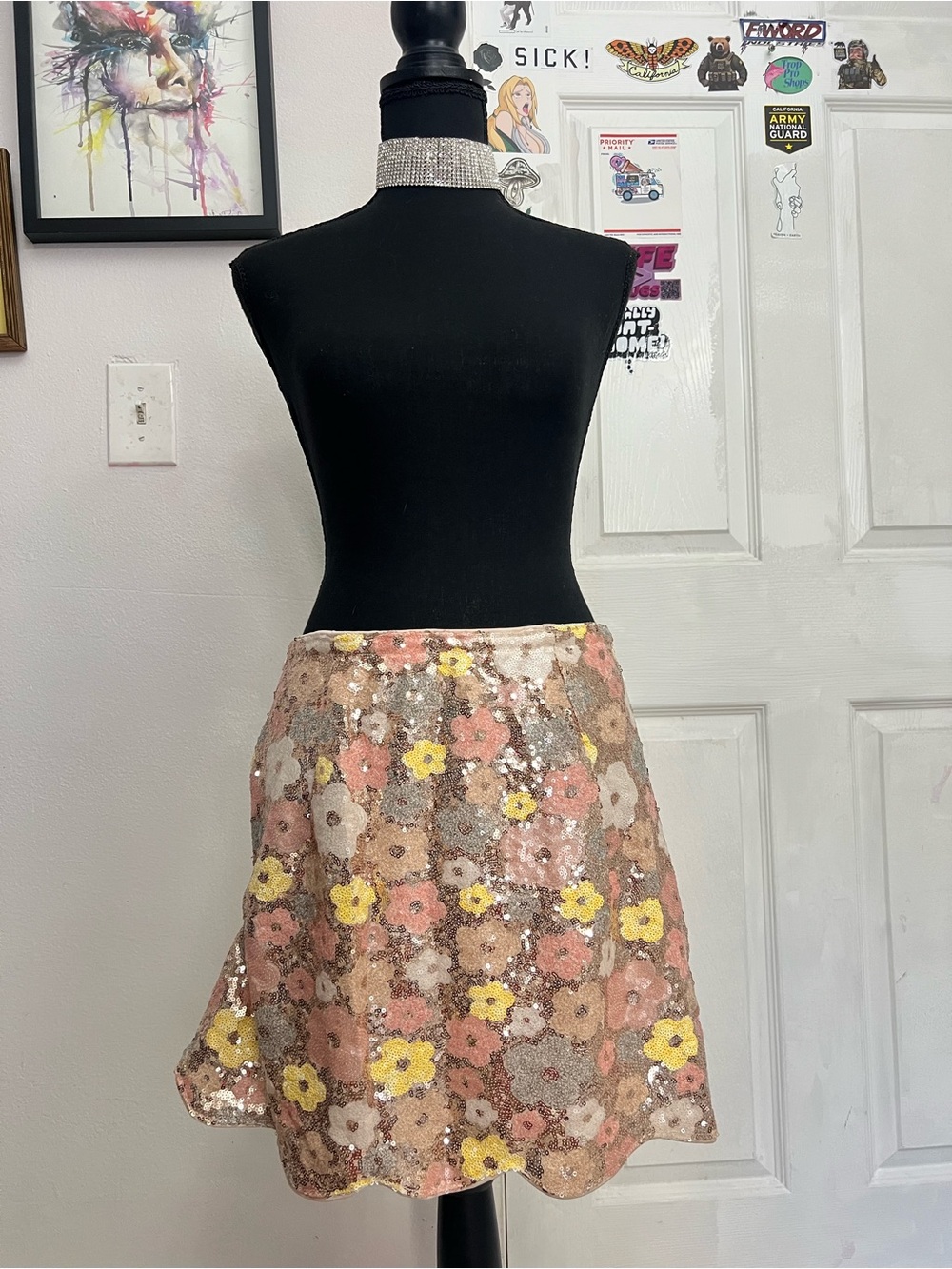 Sequin Floral A-Line Mini Skirt in Pink and Yellow